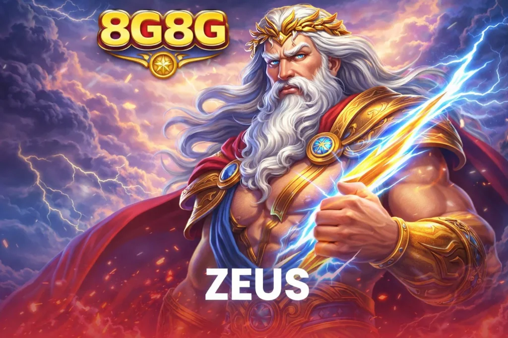 Karakter Zeus dengan petir yang megah dalam permainan di aplikasi 8G8G untuk pengalaman bermain maksimal.